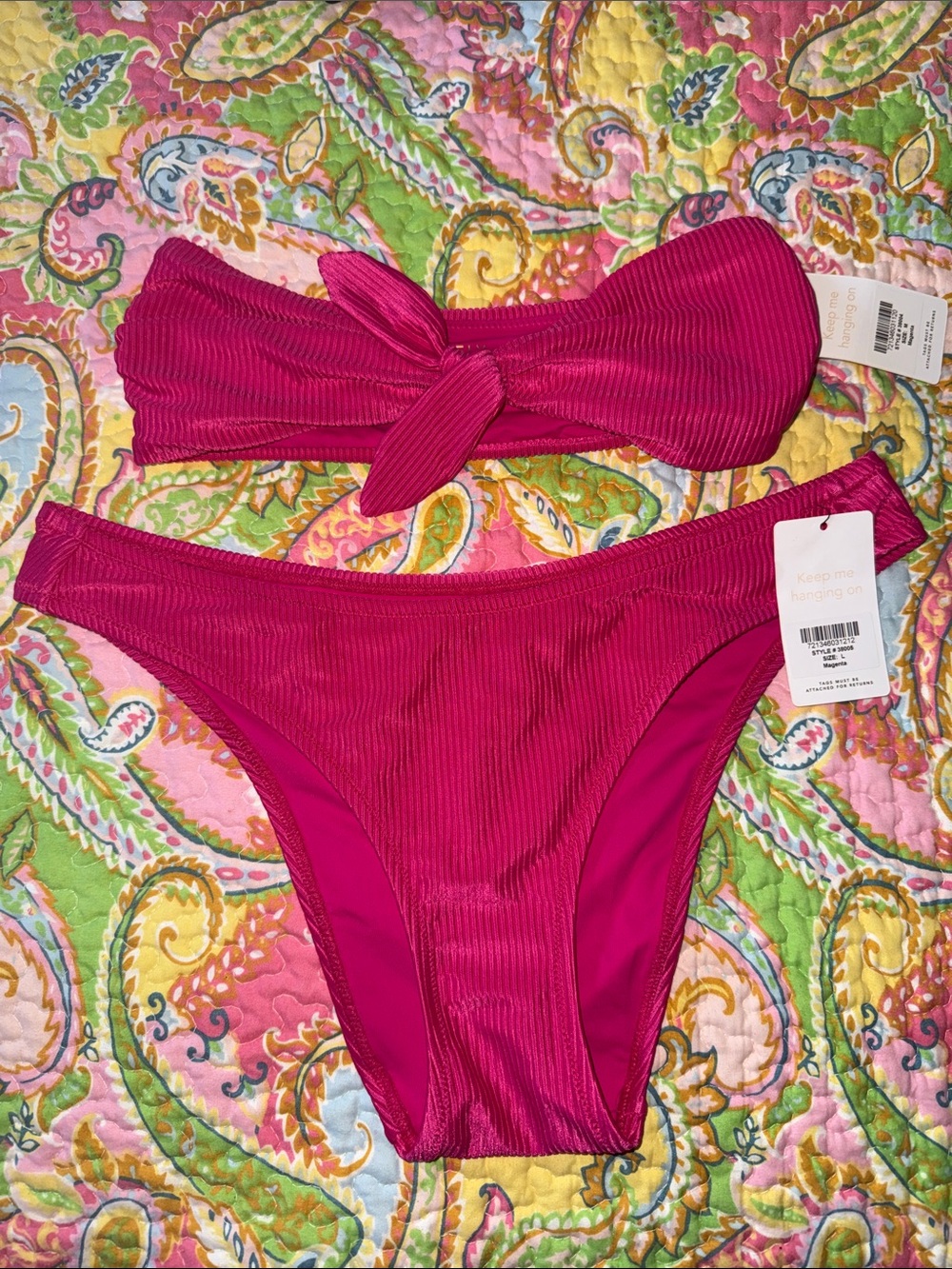 Lively Ribbed Tie-Front Bandeau & Cheeky bottom bikini ; top M & bottom L